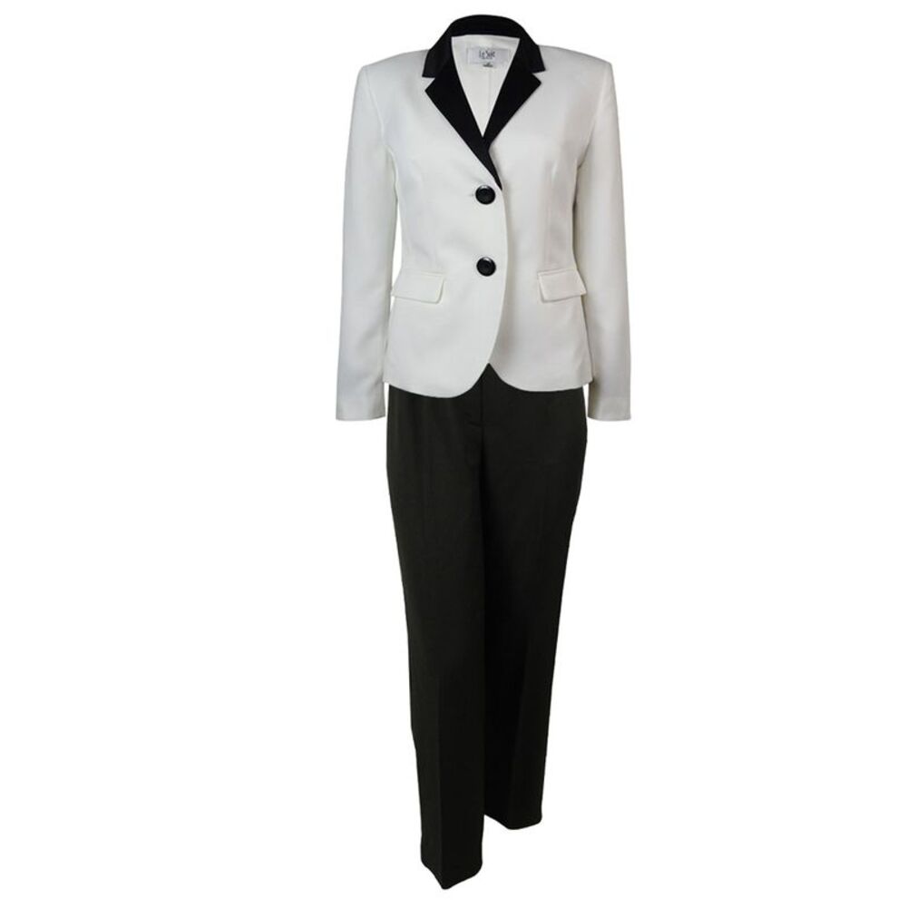 Le Suit Women's Crepe Satin Trim Bordeaux Pant Suit (14P, Vanilla Ice/Black)